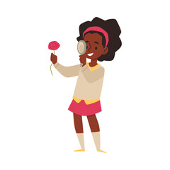 Child exploring nature and looking at flower vector illustration isolated.