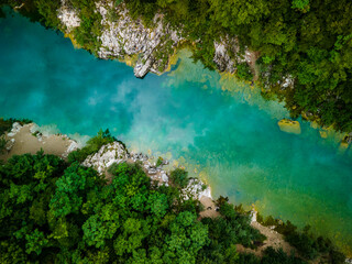 Beautiful Soca River Valley in Slovenia. Landscape and Nature in Europe Drone View from Above