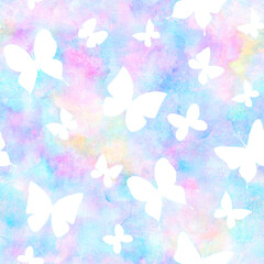 Seamless botanical summer colorful watercolor pattern with butterflies