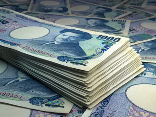 Japanese money. Japanese yen banknotes. 1000 JPY yuan bills.