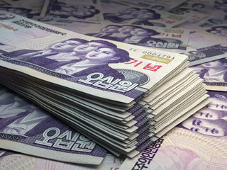North Korean money. North Korean won banknotes. 50 KPW won bills.