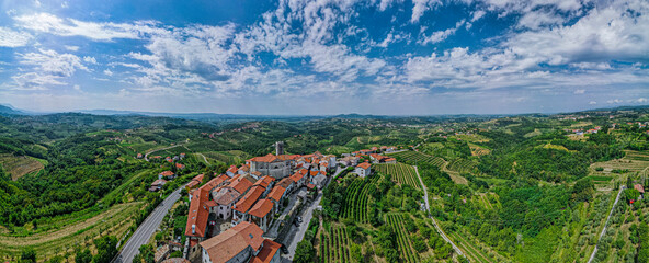 Aerial Panorama of Smartno  in Goriska Brda a Famous Wine Region of Slovenia . - obrazy, fototapety, plakaty
