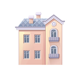 Vector cartoon two storied pink house with gray tile roof on white background.