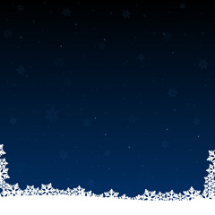 White color snow on dark blue background and snowflakes at the bottom christmas background. Vector stock illustration.