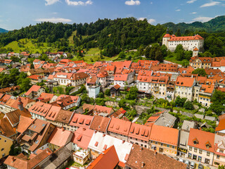 Fototapeta na wymiar Cityscape of Skofja Loka in Slovenia. Aerial Drone View.