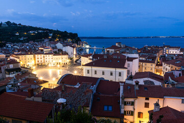 Roofs and Tartini Square of Piran in Slovenia at Sunrise