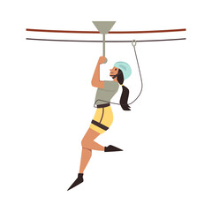 Woman overgoing zipline part of rope park, flat vector illustration isolated.