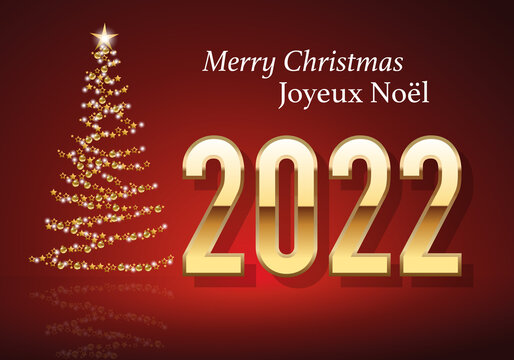 Carte de vœux 2022 au design classique sur fond rouge, avec le traditionnelle sapin de noël, fait avec une guirlande dorée pour souhaiter un joyeux noël.