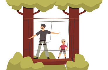Father and son at rope park attraction, flat vector illustration isolated.