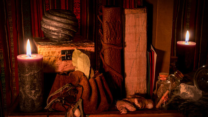 Still life of witchcraft equipment
