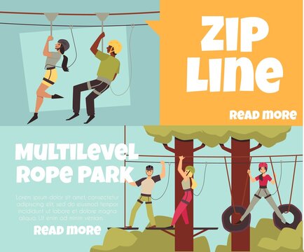 Rope park multilevel and zipline attractions banners, flat vector illustration.