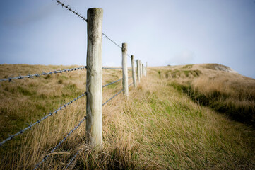 Fototapeta premium Barbed wire fencing supported by wooden fence poles along a cliff top path, Dorset, England, UK.