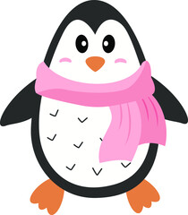 Vector penguin in a pink scarf isolated on a white background. 