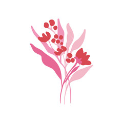 Pink floral elements. Flower and green leaves.Modern trendy Matisse minimal style.  Floral poster, invite. Vector arrangements for greeting card or invitation design