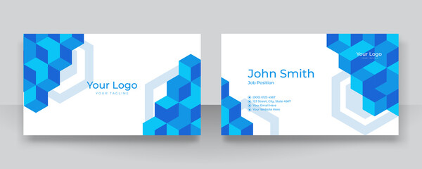 Modern elegant blue business card template with cubical isometric abstract shapes. Creative luxury and clean business card template with corporate concept. Vector illustration