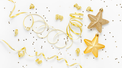 Winter, Christmas and New Year background with sparkle golden stars golden ribbon and glitter on...