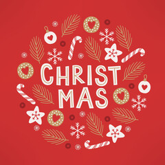 Christmas greeting card with cookie, ball, star, snow, berries, branch