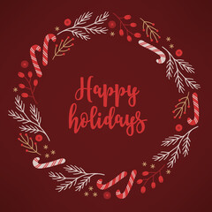 Christmas greeting card with berries, fir branches, candy cane, snowflakes