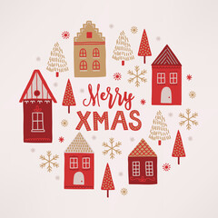 Christmas greeting card with houses, snowflakes, fir trees, sparkles