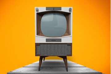 An old vintage television set from the 1970s stands on a wooden desk