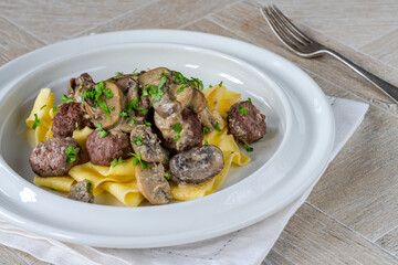 Venison meatballs with creamy mushroom sauce and pappardelle pasta