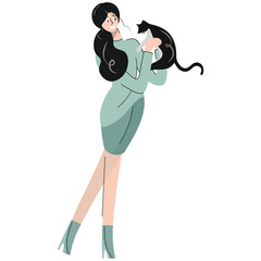 Pretty happy brunette girl holding a black cute cat in her arms. A young woman adopted a kitten from an animal shelter. Design for a pet shop or veterinary clinic. Flat isolated vector illustration.