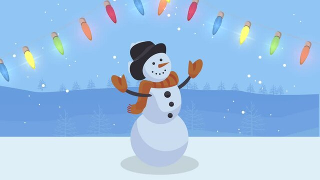 happy merry christmas animation with lights bulbs and snowman