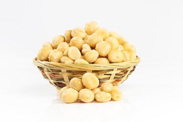 Lot of whole spicy salted peanut isolated on white background