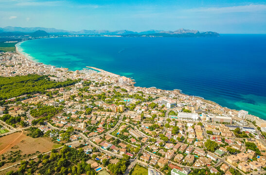 Cityscape and beach drone landscape panorama Can Picafort Mallorca Spain.