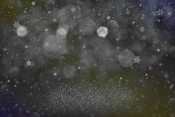 Fototapeta na wymiar pretty shining glitter lights defocused bokeh abstract background and falling snow flakes fly, festal mockup texture with blank space for your content