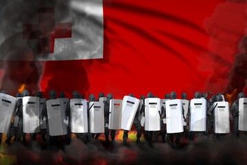 Tonga protest stopping concept, police officers in heavy smoke and fire protecting law against demonstration - military 3D Illustration on flag background