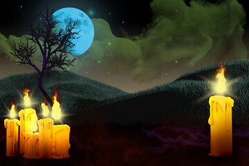 Halloween colorful haunting dark night texture - background design template 3D illustration with set of candles on left and lone candle on right side, glowing candles concept