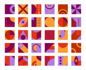 Bauhaus geometric elements. Minimalist cube tiles, bold trend shapes. Abstract dynamic fashion blocks, graphic swanky texture patterns vector set