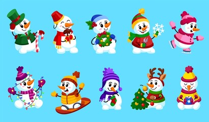 Obraz na płótnie Canvas Funny snowmen. Christmas cartoon snowman, winter cacao. Snow person in scarf, kids cute xmas friends. Isolated holiday garish vector characters