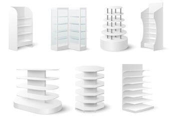 White empty showcase display mockup set, vector illustration. Retail display stand, rack, glass case, store shelves.
