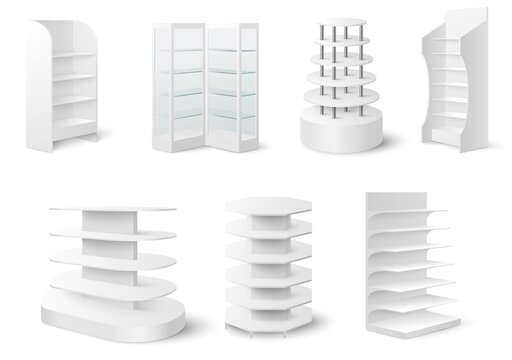 White empty showcase display mockup set, vector illustration. Retail display stand, rack, glass case, store shelves.