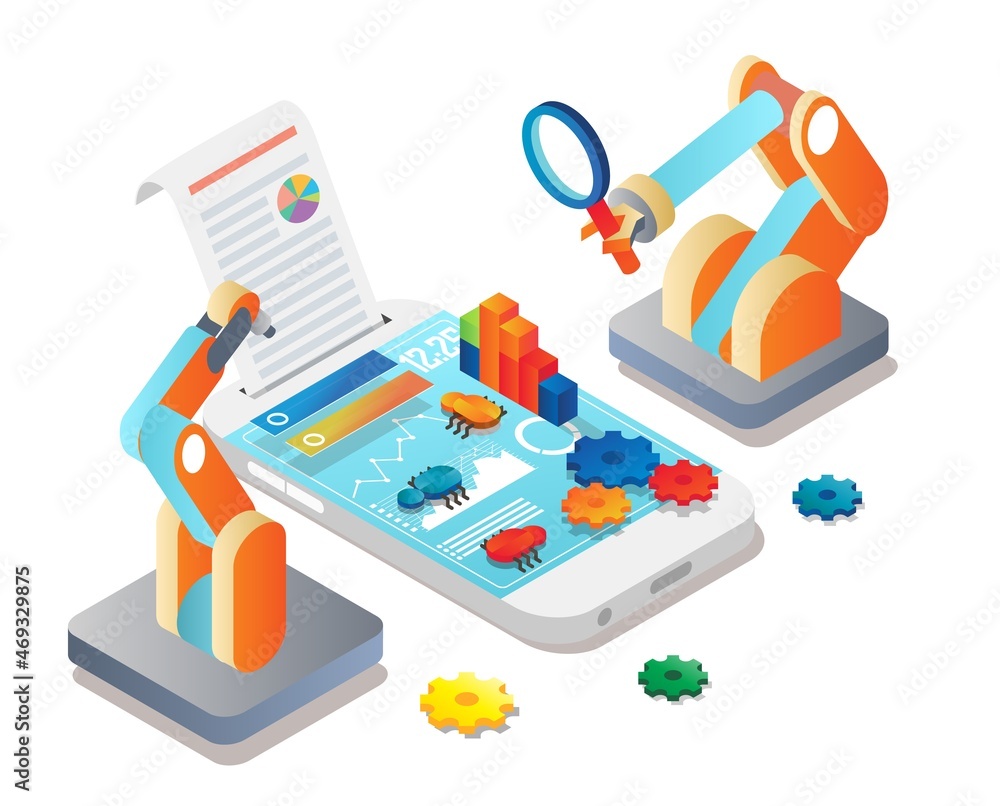 Poster automated mobile app testing, vector isometric illustration. debugging, quality assurance, mobile te