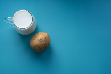 Powdered vegan milk. Potato milk close-up. Selective focus. Top view. Copy space, space for text