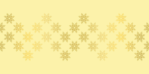 Festive Christmas horizontal pattern border with gold stars on light yellow background. Seamless vector ornament for gift wrapping paper, cards, gift boxes, web, textiles and decorations.