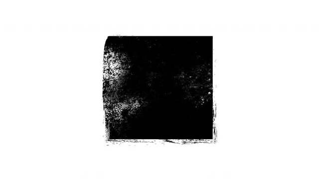 Abstract grunge dirty monochrome square shape on white background. Scratched damaged dynamic element in trendy vintage stop motion style. Seamless loop animation for design banner, stamp.