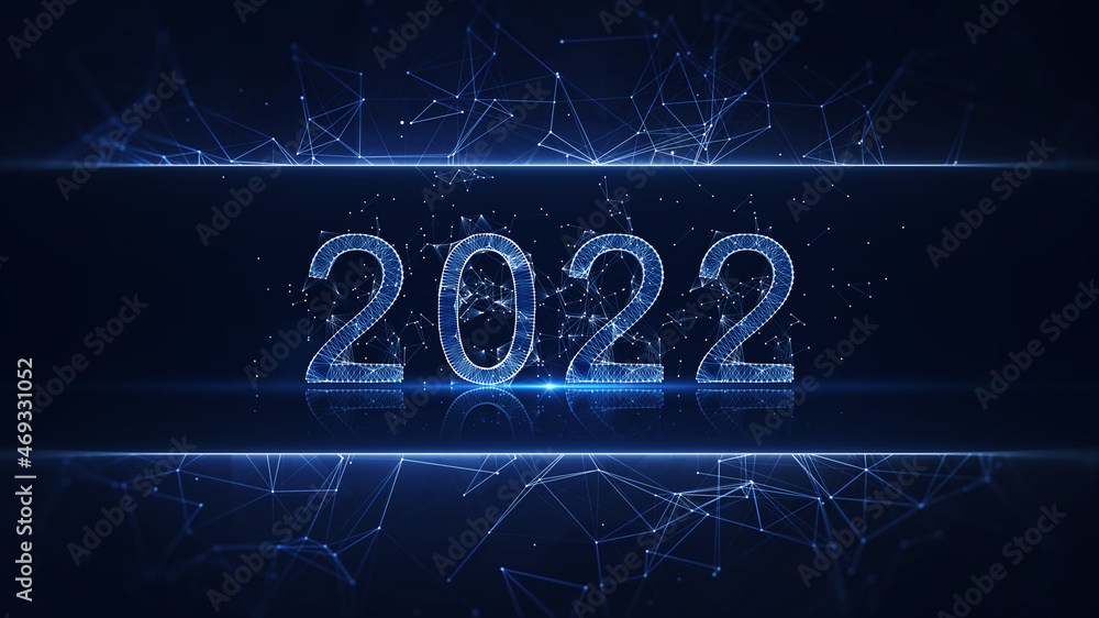 Poster happy new year. polygons connected together as numbers 2022 technology category concept. against a d