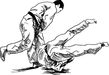 Hand sketch of two men practicing judo. Vector illustration.