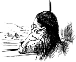 Hand sketch of woman traveling by train with face mask. Vector illustration.
