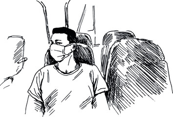 Hand sketch of a man traveling by train with a face mask. Vector illustration.