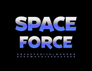 Vector modern banner Space Force. Purple metallic Font. Creative set of Alphabet Letters and Numbers