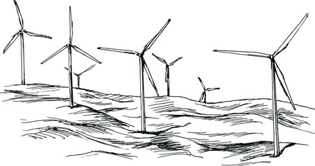 Hand sketch of wind turbines. Vector illustration. - obrazy, fototapety, plakaty