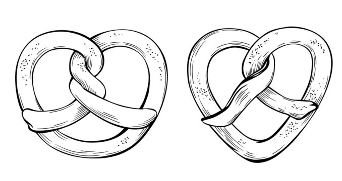 Vector Set of Hand Drawn Illustrations of Pretzels. Vintage Style Line Art Drawings of Sweet Kringles Isolated on the White Background. Good for One Color Print.