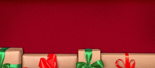 Christmas gifts in a row on a red background