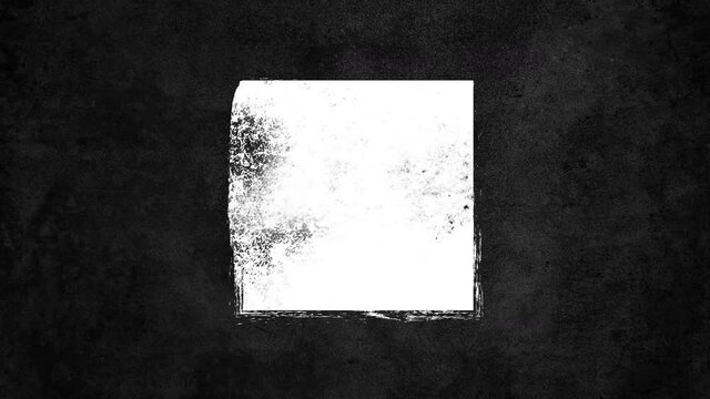 Abstract grunge dirty monochrome square shape on black background. Scratched damaged dynamic element in trendy vintage stop motion style. Seamless loop animation for design banner, stamp.