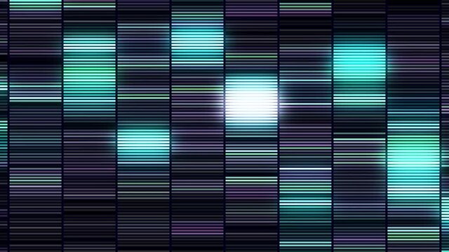 Horizontal flashing purple and blue stripes divided into same size short segments. Motion. Seamless loop hypnotic blinking neon lines.